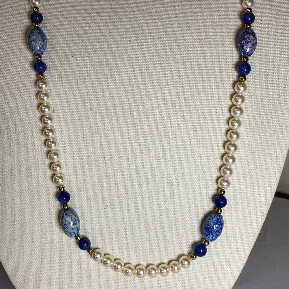 Beautiful long pearl bead and blue marbleized bead necklace